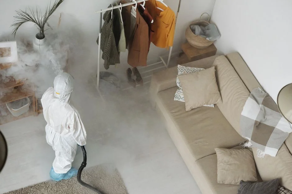 Two women in work clothes cleaning a modern living room using a vacuum and mop.